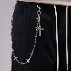 Trendy vintage croquette cross flower bracelet plated antique silver hip-hop punk style cross jeans chain